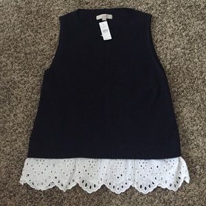 NWT Loft Navy Knit Top with White Lace Detail Hem